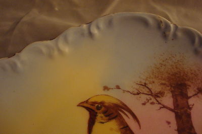 Old German plate decorated with birdsm, molded and ruffled borders, gold guild