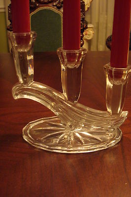 Art Deco ELEGANT Clear Glass PAIR OF Candlesticks, 3 lights  [GL16]