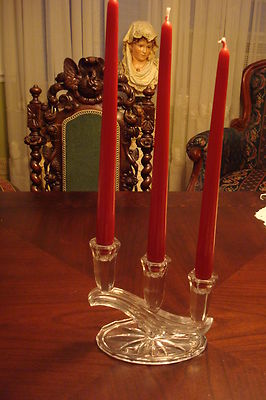Art Deco ELEGANT Clear Glass PAIR OF Candlesticks, 3 lights  [GL16]