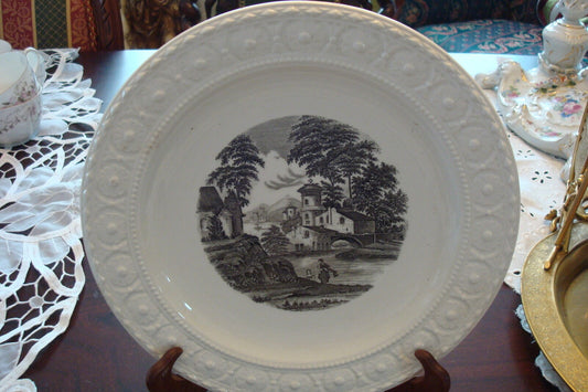 Wedgwood Etruria made in England plate, molded, black tranfer design[#17]