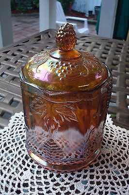 Indiana cracker biscuit covered jar, grape design, 7 1/4" tall [GL-3]