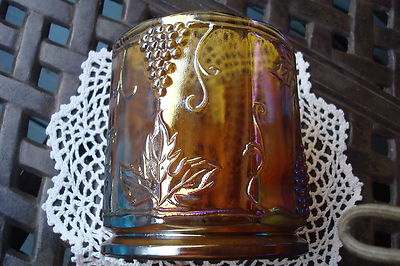 Indiana cracker biscuit covered jar, grape design, 7 1/4" tall [GL-3]