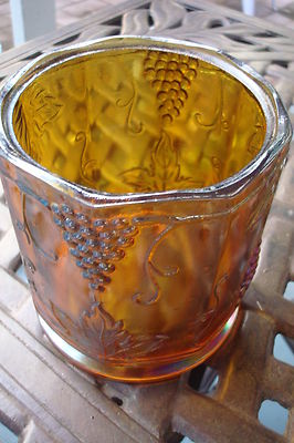 Indiana cracker biscuit covered jar, grape design, 7 1/4" tall [GL-3]