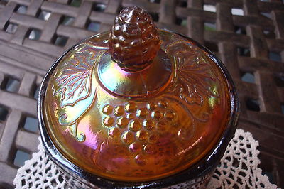 Indiana cracker biscuit covered jar, grape design, 7 1/4" tall [GL-3]