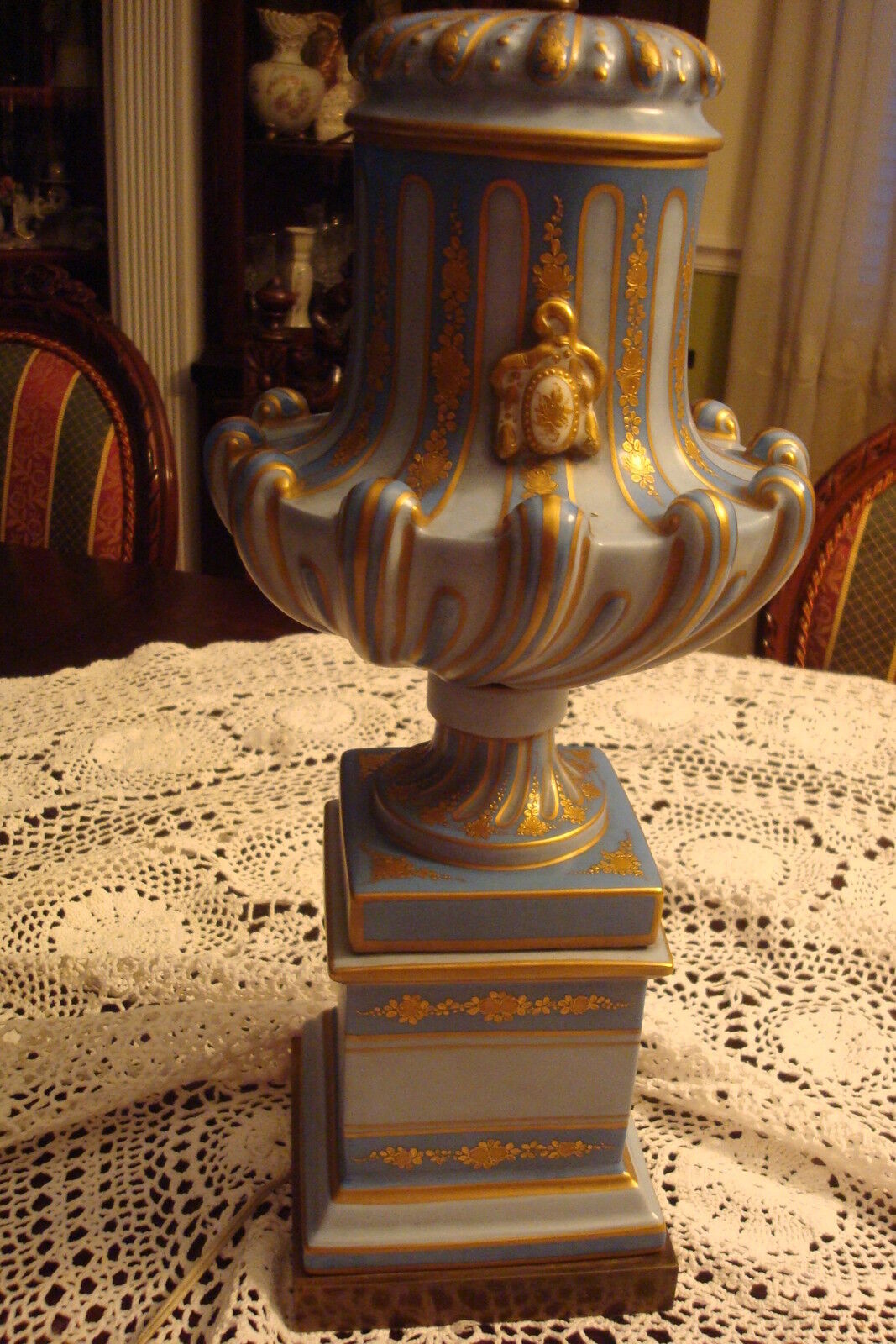 TORCH Table/FLOOR Lamp Light BLUE AND GOLD, hand painted, NO SHADE