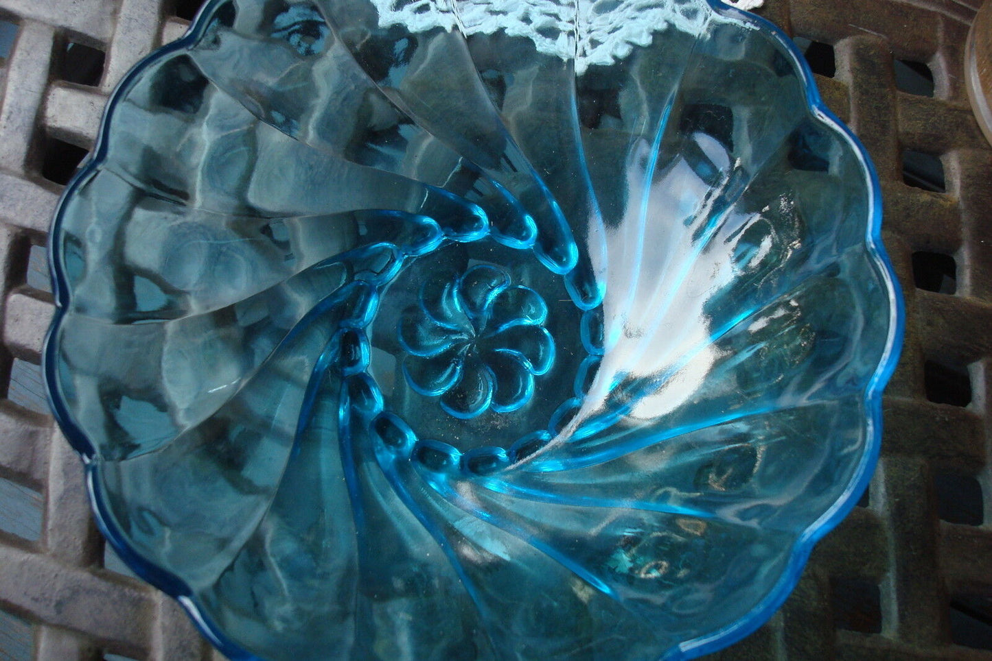 Vintage Blue Glass Berry Salad Serving Bowl Scallop Swirl Design RARE