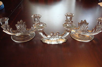 Fostoria Baroque Crystal Pair of Double Candle Holders and Another Piece