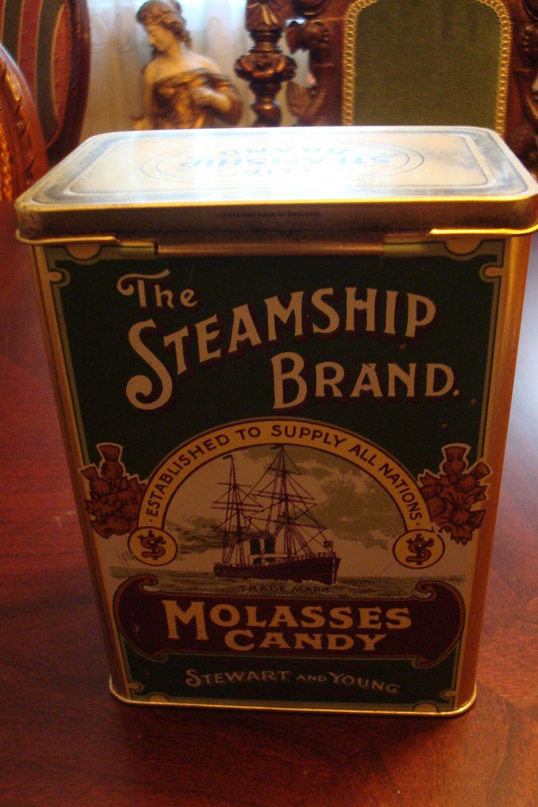 The Steamship Brand Molasses Candy, tin box, Stewart and Young, very old