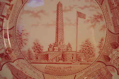 Lincoln's Memorial Plate, Springfield, Ill, Historical Plate, 10", red.