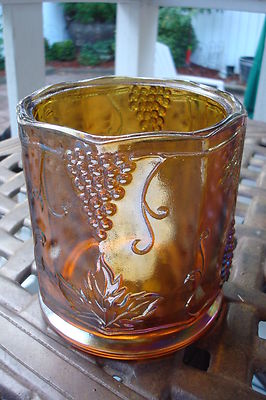 Indiana cracker biscuit covered jar, grape design, 7 1/4" tall [GL-3]