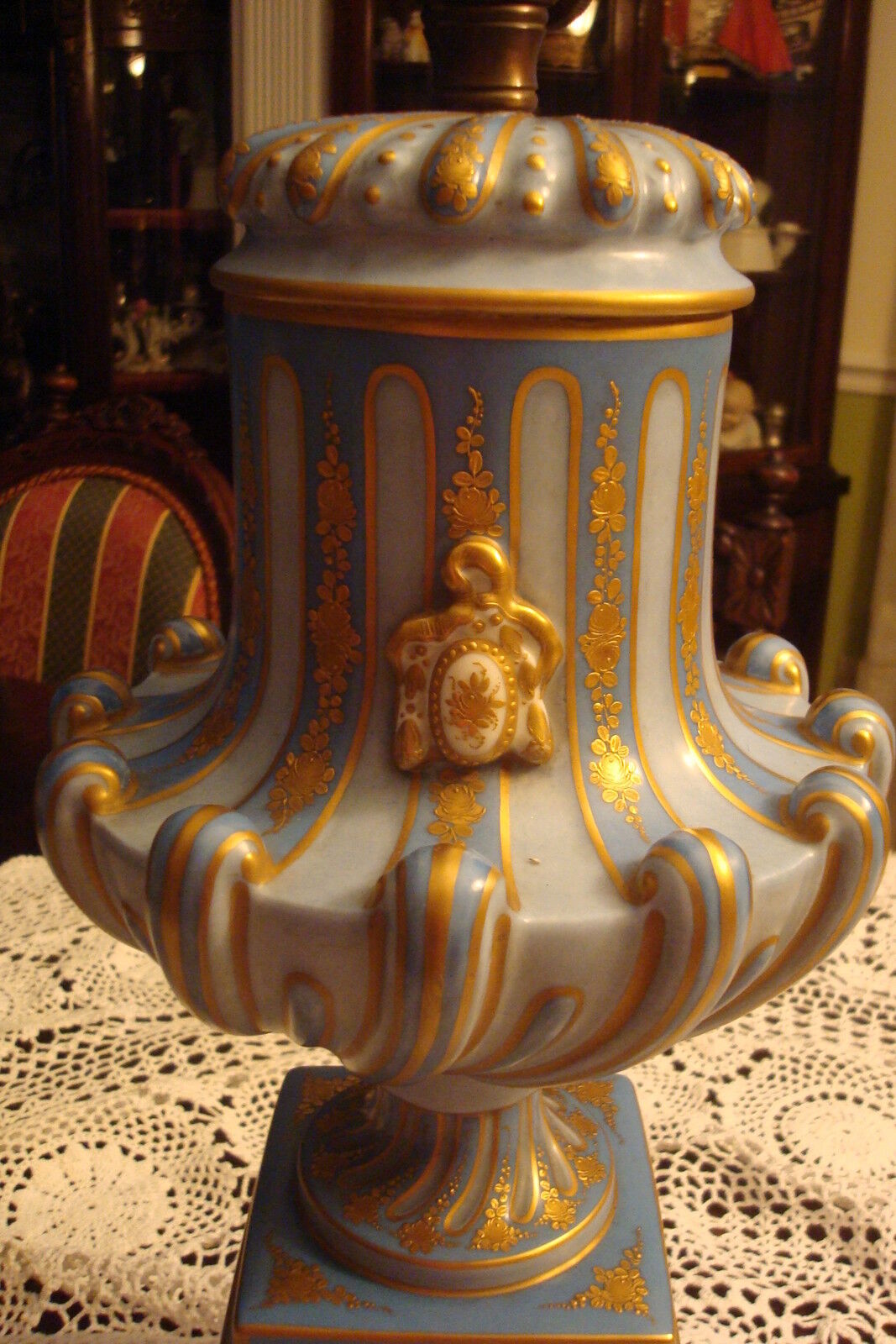 TORCH Table/FLOOR Lamp Light BLUE AND GOLD, hand painted, NO SHADE