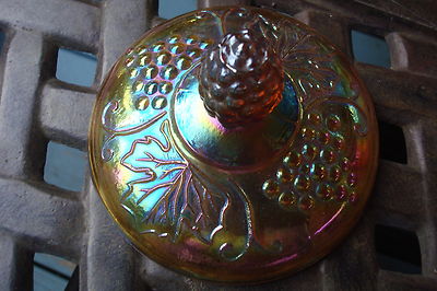 Indiana cracker biscuit covered jar, grape design, 7 1/4" tall [GL-3]