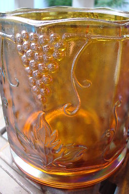 Indiana cracker biscuit covered jar, grape design, 7 1/4" tall [GL-3]