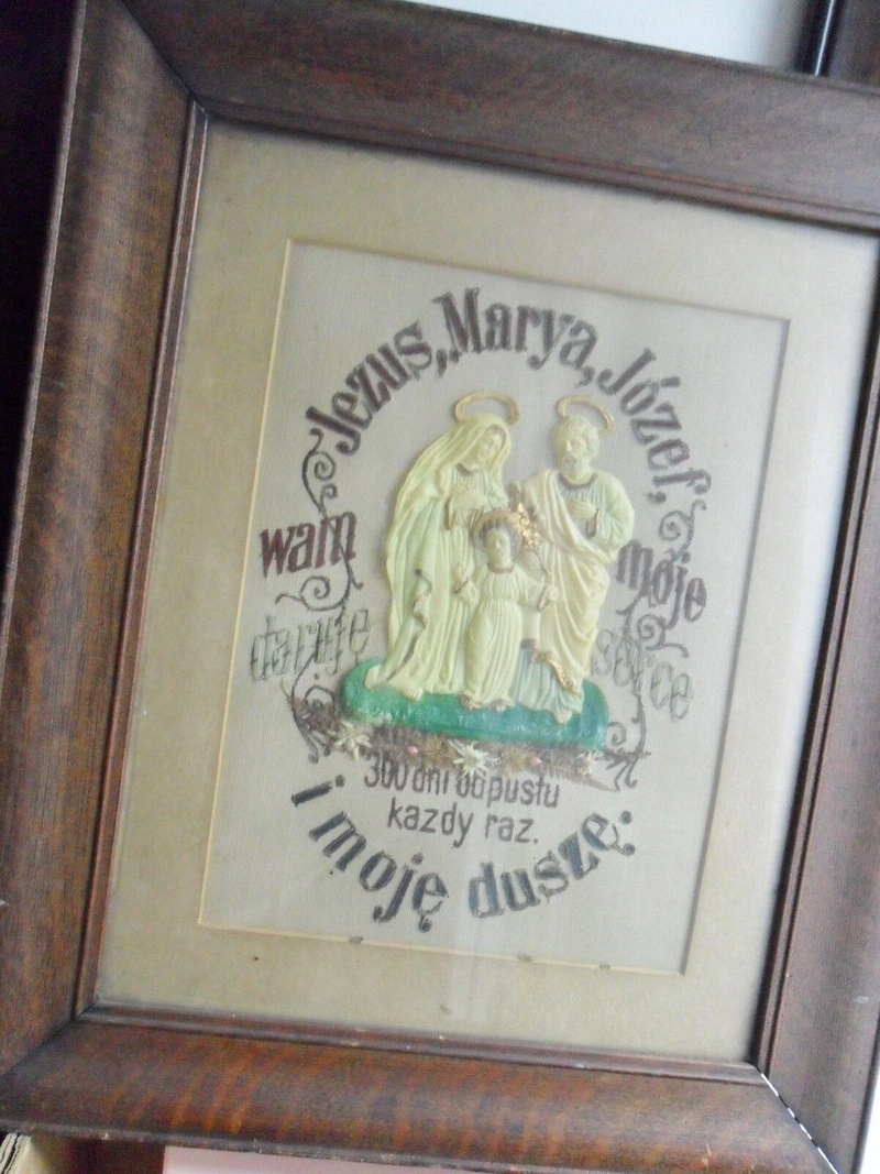 Needle point framed work "Jesus, Marya, Jozef" Polish work, with bakelite?images