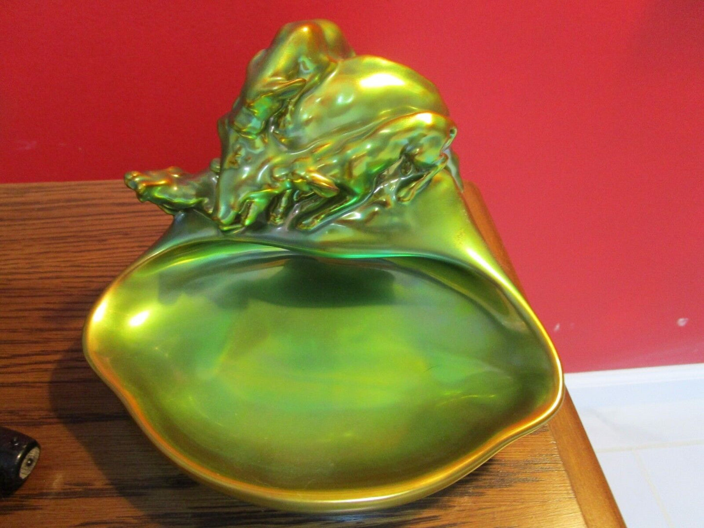 Zsolnay Hungary Green Iridescent Eosin Boar Hunt Dish