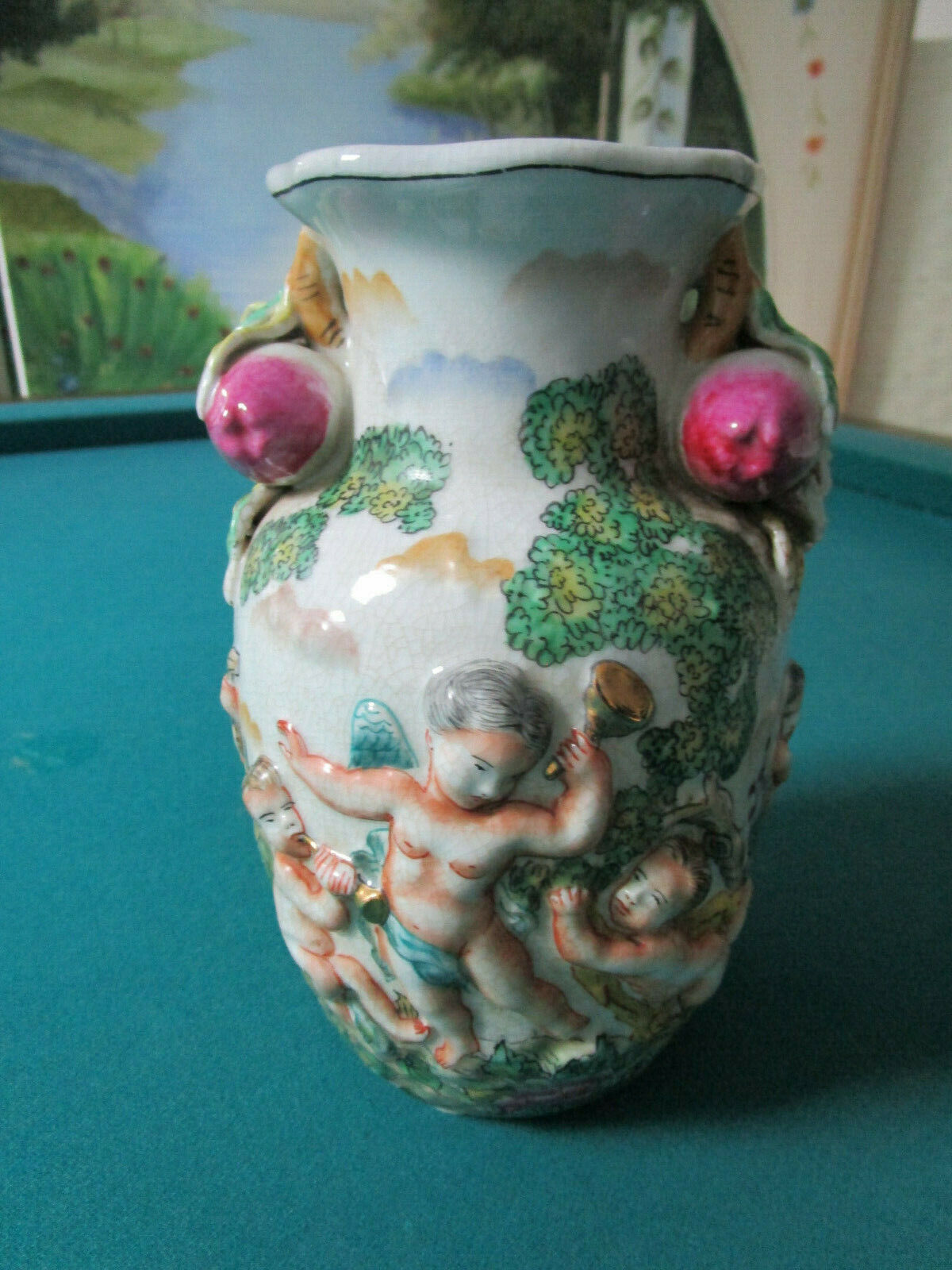 United Wilson, JUWC 1897 CHINESE VASE PUTTI ANGELS ROSES