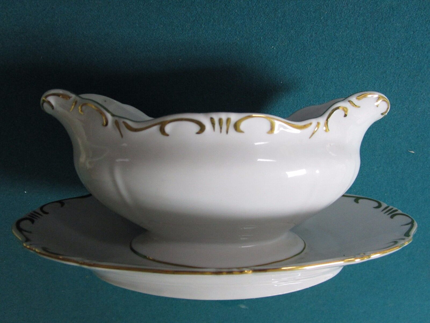 Zsolnay Hungary Gravy Boat With Attached Underplate White/Gold Accents 1960s