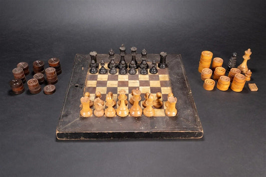 American Folk Art Chess and Checkers Set Solid Wood Hand Carved Board