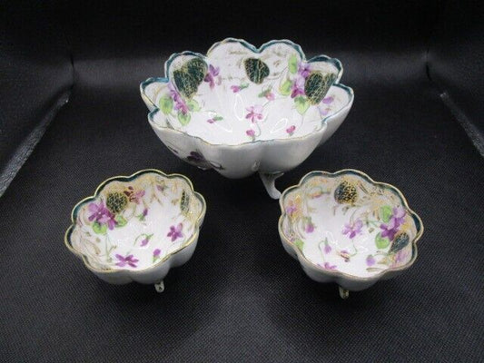 Trio of footed bowls, Mid century Japan, blue and gold accorns, [83]