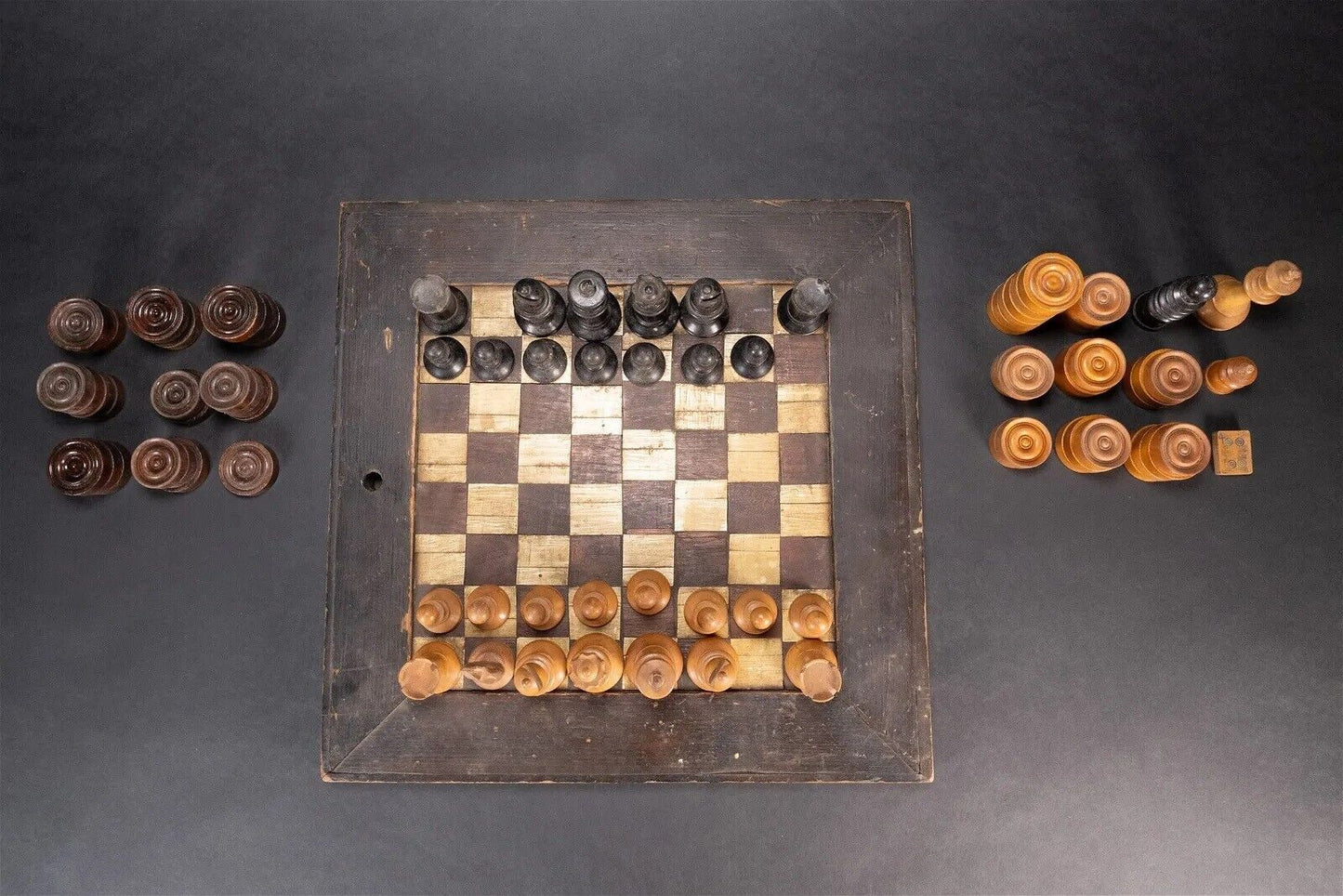 American Folk Art Chess and Checkers Set Solid Wood Hand Carved Board